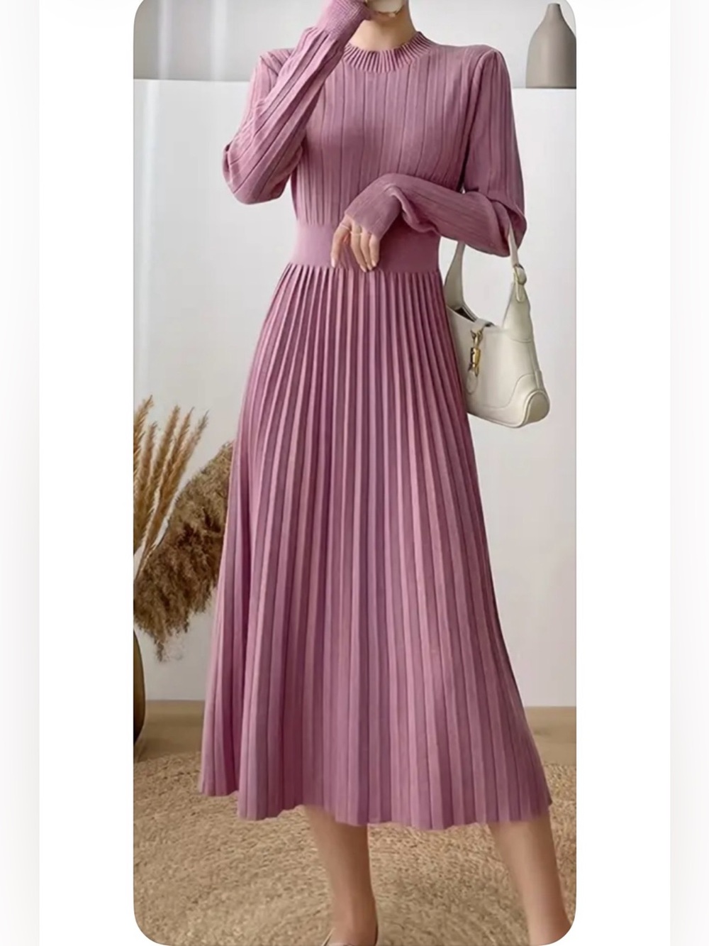 Women’s Pleated Long-Sleeve Midi Dress - Dusty Pink Size M
